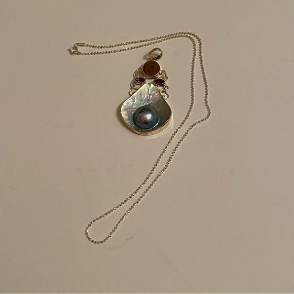 NECKLACE AGI STERLING SILVER BALL CHAIN 20” MABE BLISTER PEARL DRUZY ENHANCER - Picture 7 of 11